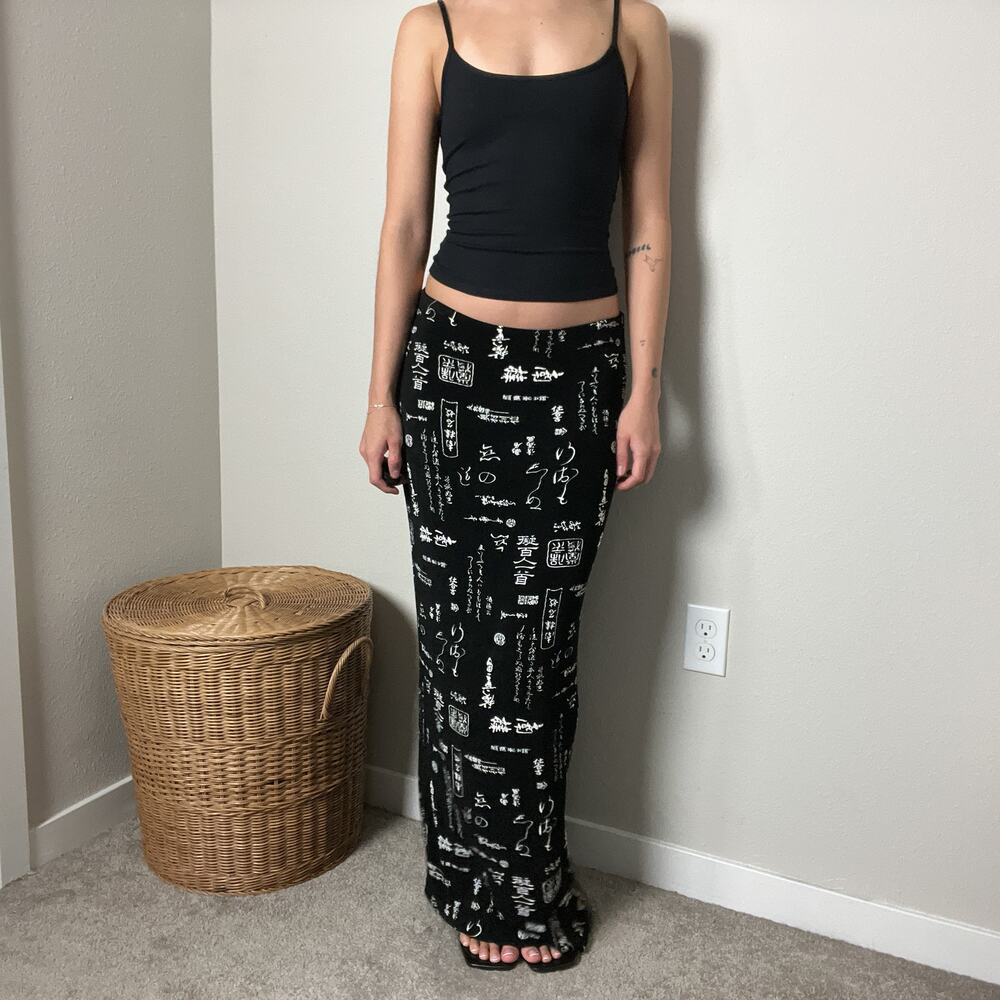 y2k vintage black chinese character asian slinky knit minimalist maxi skirt